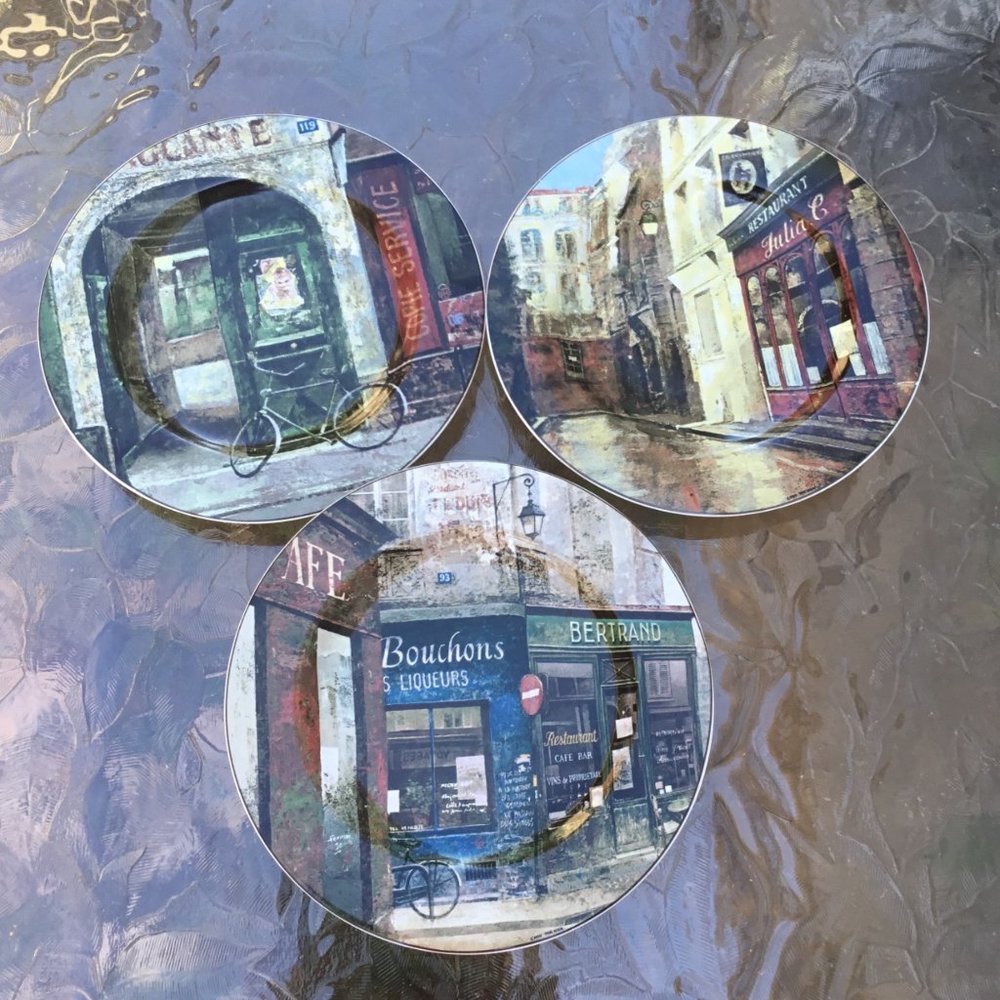 Three Decorative Vintage Plates French Streets Theme 8" x 8" Wall Decor